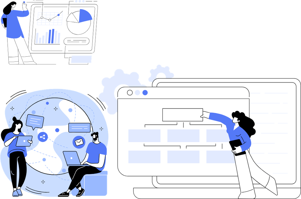 Ilustración de un equipo docente analizando datos y organizando un plan en pantalla